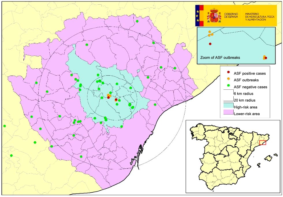 <p>Location of the seven outbreaks in wild boars and dead boars found negative in Catalonia (Source: MAPA).</p>